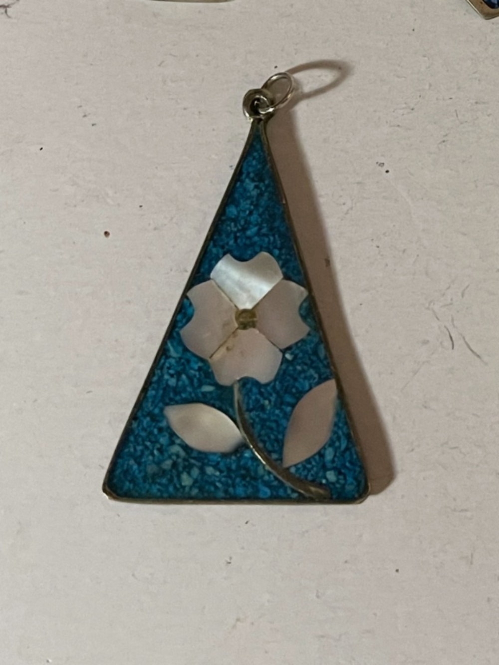 Vintage Alpaca Silver Pendant with Mother of Pearl and Turquoise Inlay